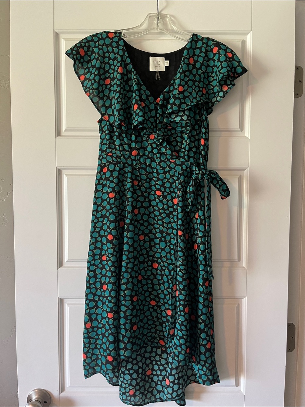 Women’s Teal Polka Dot Wrap Dress with Coral Accents